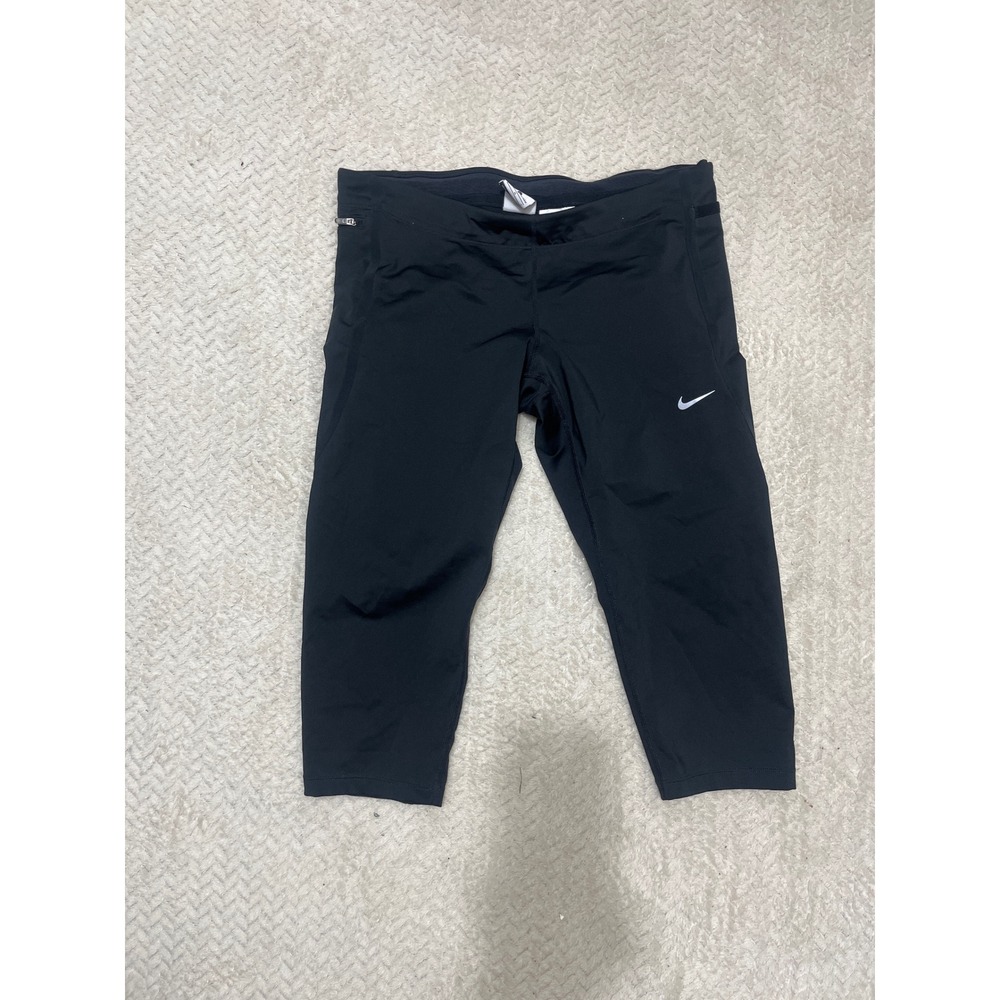 Nike Dri-FIT Womens Black Running Capri Leggings Mesh Panels Zipper Pocket L